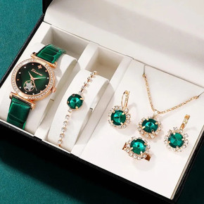 Ladies 6 Piece Luxury Gold Tone Green Rhinestone Earrings Watch Bracelet Necklace Set