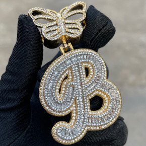 FlutterScript | Ladies Butterfly Bail Custom Cursive Baguette Bling Initial Necklace