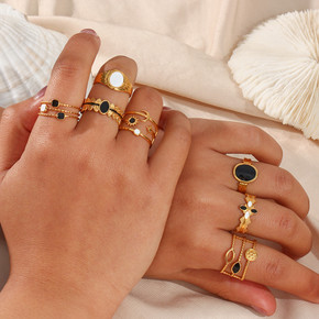 Enamel Black | 18k Gold over No Fade Stainless Steel Hollow Adjustable Rings 