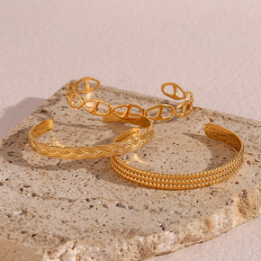 Women's 18k Gold No Tarnish Adjustable Stainless Steel Open Cuff Bangle Bracelets