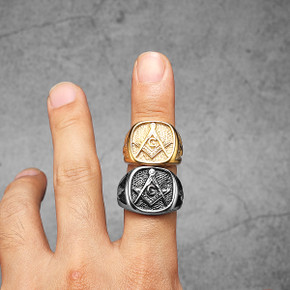 Masonic Luxury | Men's 14k Gold 316L No Fade Stainless Steel Free Mason Compass Square Rings