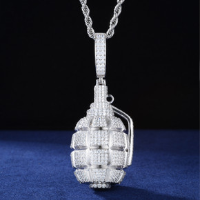 Fire In The Hole | Solid 925 Silver Iced Blinged Out Moissanite Retro Grenade Hip Hop Pendant