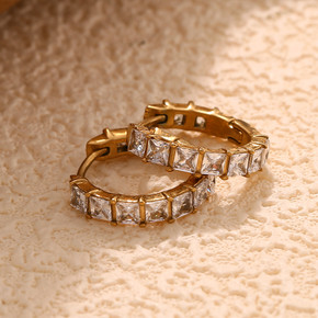 Ladies 18k Gold Stainless Steel Square CZ Round Tarnish Free Earrings