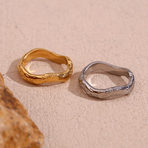 Womens Beat Pattern 18k Gold Stainless Steel Wave Waterproof Tarnish Free Rings
