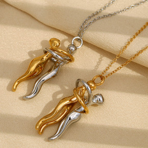 18k Gold Stainless Steel Waterproof Lovers Hugging Couple Silver Pendants Necklace