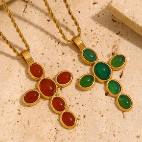 18k Gold Stainless Steel Waterproof Green/Red Color Oval Gemstone Cross Pendant Necklace 18k Gold Stainless Steel Waterproof Green/Red Color Oval Gemstone Cross Pendant Necklace