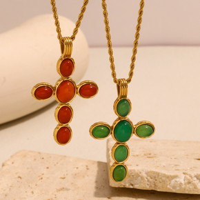 18k Gold Stainless Steel Waterproof Green/Red Color Oval Gemstone Cross Pendant Necklace 18k Gold Stainless Steel Waterproof Green/Red Color Oval Gemstone Cross Pendant Necklace