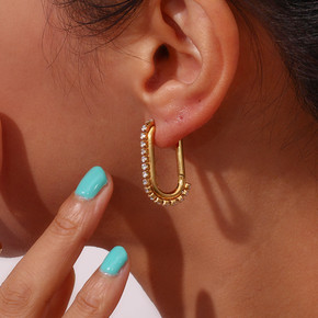 18K Gold Waterproof Stainless Steel Clip Shaped Cubic Zirconia Side Paved Hoop Earrings