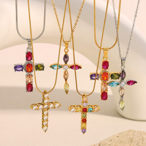 18k Gold Stainless Steel Luxury Colored CZ Cross Pendant Bling No Tarnish Women's Necklace