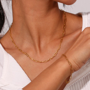 Ladies 18k Gold Waterproof Stainless Steel Paper Clip Necklaces Bracelet Set