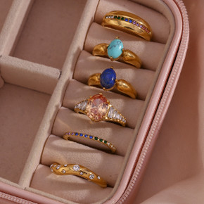 Stainless Steel Gem Lapis Turquoise 3A CZ 18k Gold Waterproof Bling Bling Rings