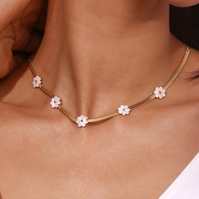18k Gold over Stainless Steel Waterproof Herringbone Chain Shell Flower Necklace