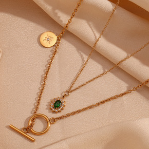 Women's Double Layer Bling CZ Buckle Necklace Water Resistant 18K Gold Pendant