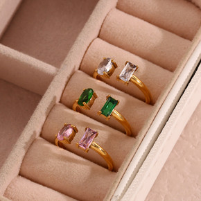18k Gold Open Adjustable Size Water Drop Square CZ Stainless Steel Bling Rings