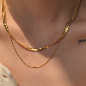 Stainless Steel Layered In 18k Gold Waterproof Double Layered Herringbone Necklace