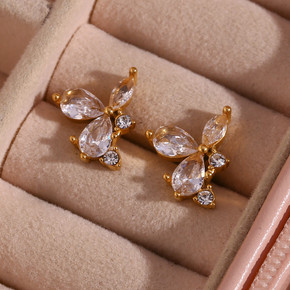Elegant Flower Leaf 3A Cubic Zirconia 18k Gold Waterproof Stainless Steel Stud Earrings
