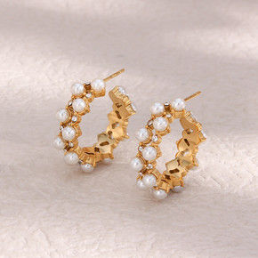 18k Gold Water Resistant Elegant Pearl CZ Invisible Setting Bling Bling Hoop Earrings 18k Gold Water Resistant Elegant Pearl CZ Invisible Setting Bling Bling Hoop Earrings