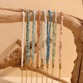 Stainless Steel Colorful Natural Stone Amazonite Round Beads 18k Gold Bracelets