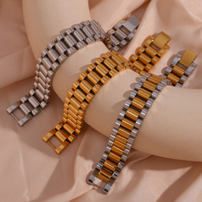 18k Gold Stainless Steel Exaggerated Hip Hop 15mm Watchband Bracelet