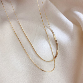 18k Gold Double Layers 14K Gold Plated Box Herringbone Chain Choker Necklaces 18k Gold Double Layers 14K Gold Plated Box Herringbone Chain Choker Necklaces