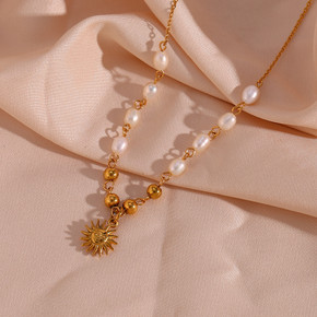Ladies 18k Gold Freshwater Pearl Beads Stainless Steel Optimistic Sun Good Vibes Necklace