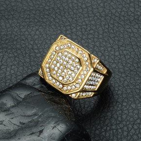Men's Micro Pave Simulated Diamond Iced Out Bling Hexagonal Gold Titanium Stainless Steel Ring Men's Micro Pave Simulated Diamond Iced Out Bling Hexagonal Gold Titanium Stainless Steel Ring