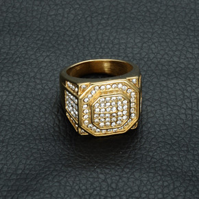 Men's Micro Pave Simulated Diamond Iced Bling Hexagonal Gold Titanium Stainless Steel Ring Men's Micro Pave Simulated Diamond Iced Bling Hexagonal Gold Titanium Stainless Steel Ring
