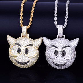 18k Gold .925 Silver AAA True Micro Pave Glasses Demon Emoji Bling Pendant Chain Necklace