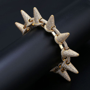 Mens AAA Flooded Ice Micro Pave Stone 24k Gold Silver Rivet Spike Bracelet