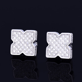 9MM Silver 14k Gold Men's Star Studded AAA Full Micro Pave Hip Hop Screw Back Earring 