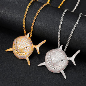 18k Gold .925 Silver 3D AAA Micro Pave Shark Head Pendant Chain Necklace 18k Gold .925 Silver 3D AAA Micro Pave Shark Head Pendant Chain Necklace
