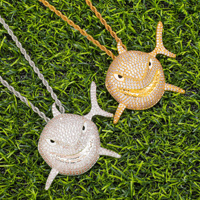 3D 18k Gold .925 Silver Shark Face Pendant Chain Necklace 3D 18k Gold .925 Silver Shark Face Pendant Chain Necklace