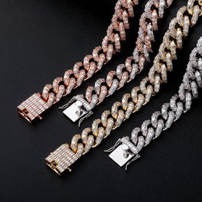 Hip Hop 16mm Miami Cuban Flooded Ice Baguette Micro Pave Set Chain Necklace