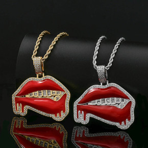 Flooded Ice Baguette Grillz Red Lipstick Dripping Drooling Hot Lips Hip Hop Pendant