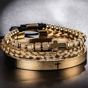 Mens Luxury 14k Gold Stainless Spanish Prayer Cross Hip Hop Beads Bracelet Set