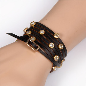 Brown Leather Wrap Cz Stone Multi Layer Winding Vintage Style Bracelet