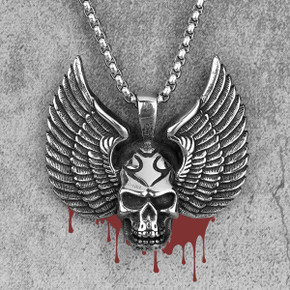 Mens No Fade 316L Stainless Steel Fallen Angel Skull Wings Hip Hop Street Wear Pendant