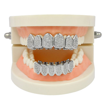 Classic 6 Tooth Teeth Micro Pave Iced Grillz Set Gold Silver Teeth Grillz Top Bottom 