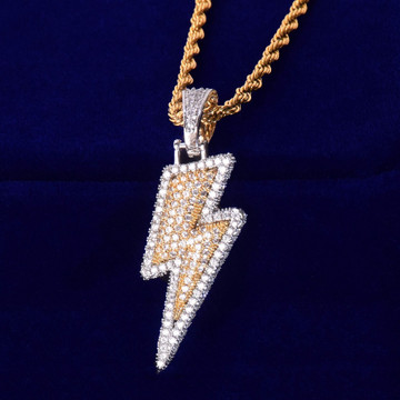 18k Gold .925 Silver AAA Micro Paved Lightning Strike Hip Hop Pendant Chain Necklace