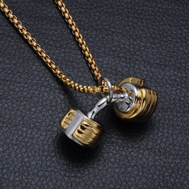 Two Tone Titanium Stainless Steel Dumbbell Pendant Chain Necklace