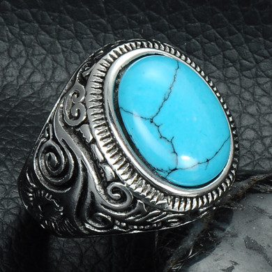 Mens Unique Turquoise Heavy Metal Casting Titanium Stainless Steel Ring