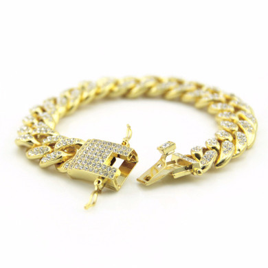 14k Gold Full AAA Hand Set Pave Stone Miami Cuban Link Chain Bracelet