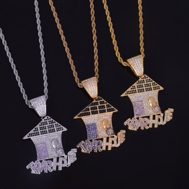 18k Gold .925 Silver Multi Color Flooded Ice Trap House AAA True Micro Pave Pendant Chain Necklace