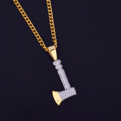 Flooded Ice AAA True Micro Pave 18k Gold Throwing Axe Hip Hop Pendant Chain Neckalce