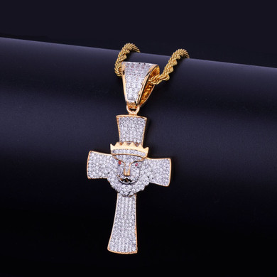 18k Gold Lion Of Judah AAA Micro Pave Cross Pendant