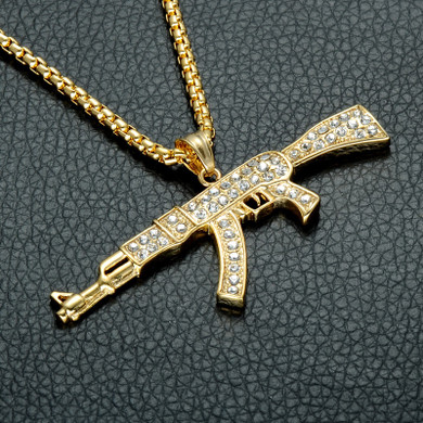 Flooded Ice AK47 Chopper Gun 14k Gold Stainless Steel Pendant Chain Necklace