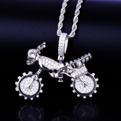 Skull Head Ghost Rider 18k Gold .925 Silver Skeleton Bike Motorcycle Iced Pendant Chain Necklace