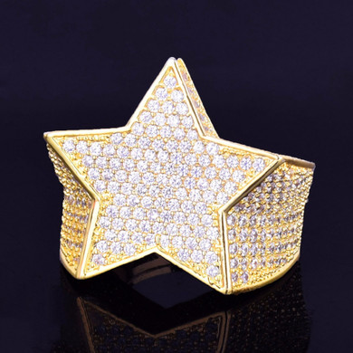 Hip Hop Five Star Men's 18k Gold Silver Flooded Ice AAA Micro Pave Ring