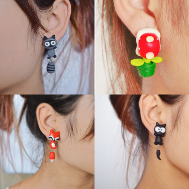 Handmade Cute Kitten Cartoon Animal Mario Sly Fox Plant Stud Earrings