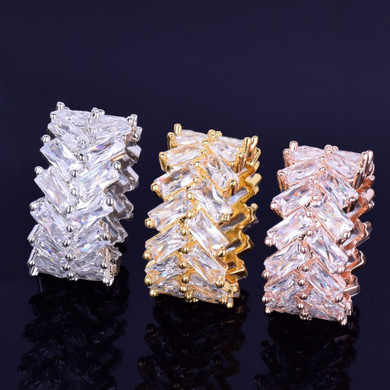 18k Gold .925 Silver Rose Gold 2 Row Baguette AAA True Micro Pave Hip Hop Rings
